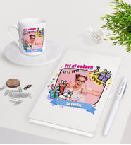 BK Gift Kişiye Özel Fotoğraflı Doğum Günü Beyaz Defter Kalem Türk Kahvesi Fincanı Seti-3 (Model 1)