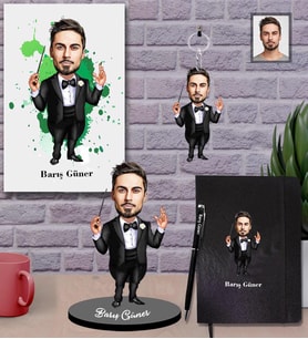 Kişiye Özel Orkestra Şefi Karikatürlü 5 li Hediye Seti  Bay-1