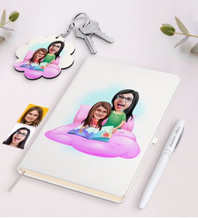 BK Gift Kişiye Özel Anne Kız Karikatürlü Beyaz Defter Kalem ve Anahtarlık Hediye Seti-3 (Model 1)