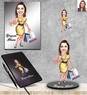 Kişiye Özel Bayan Karikatürlü 5 li Hediye Seti Model-3