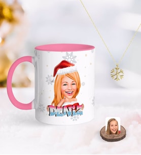 BK Gift Kişiye Özel Kadın Yeni Yıl Karikatürlü Pembe Kupa ve Kar Tanesi Kolye-3 (Model 1)