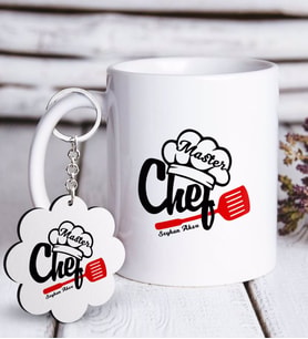 BK Gift Kişiye Özel Mesleki Chef Beyaz Kupa ve Anahtarlık Hediye Seti-1 (Model 1)