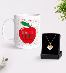 BK Gift Kişiye Özel Dünyanın En İyi Öğretmeni Beyaz Kupa ve Papatya Kolye Hediye Seti-11 (Model 1)