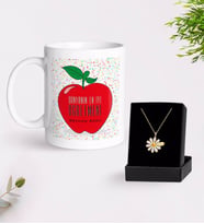BK Gift Kişiye Özel Dünyanın En İyi Öğretmeni Beyaz Kupa ve Papatya Kolye Hediye Seti-11 (Model 1)