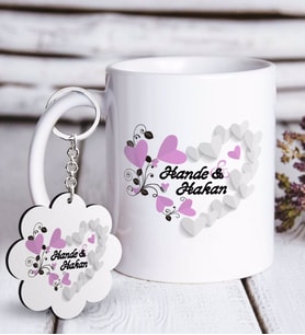 BK Gift Kişiye Özel Sevgililer Günü Beyaz Kupa ve Anahtarlık Hediye Seti-25 (Model 1)