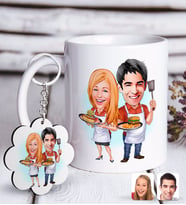 BK Gift Kişiye Özel Aşçı Çift Karikatürlü Beyaz Kupa ve Anahtarlık Hediye Seti (Model 1)