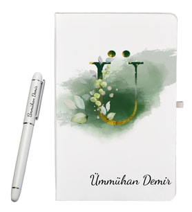 Kjişiye Özel Hazırlanmış Harf Tasarımlı Hediye Defter ve Roller Kalem Seti