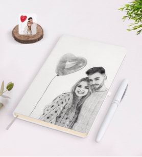 BK Gift Kişiye Özel Sevgililer Günü Karakalem Tasarımlı Beyaz Defter Kalem Seti-1