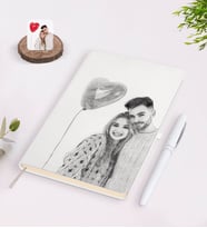 BK Gift Kişiye Özel Sevgililer Günü Karakalem Tasarımlı Beyaz Defter Kalem Seti-1