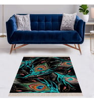 Tavuskuşu Tüyü Desenli Dijital Baskı Yıkanabilir Kaymaz Taban Kilim Model Salon Halısı (Mavi)