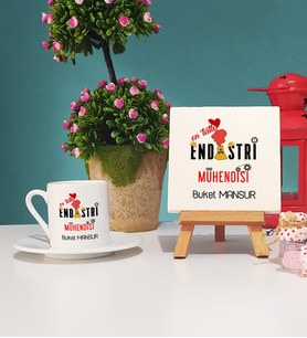 Mesajlı Endüstri Mühendisi Tasarımlı Kişiye Özel Endüstri Mühendisi Türk Kahvesi Fincanı ve Dekoratif Taş Baskı Hediye Seti