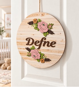 Meşgalem Pembe Güllü Ahşap Desen Temalı Kişiye Özel Kapı Süsü