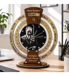 İsme Özel Atatürk Modeli Ahşap Takvimli Masa Saati