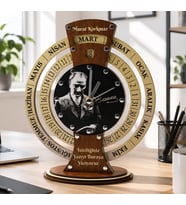 İsme Özel Atatürk Modeli Ahşap Takvimli Masa Saati