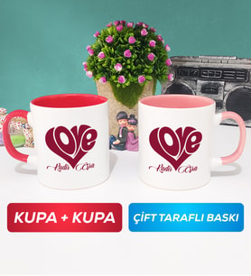 İkili Love Tasarımlı Sevgililer Günü Hediyesi Kupa Bardak Kırmızı Pembe
