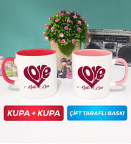 İkili Love Tasarımlı Sevgililer Günü Hediyesi Kupa Bardak Kırmızı Pembe