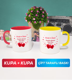 İkili Sevgiliye Sevgililer Günü Hediyesi 6 Kupa Bardak Kırmızı Sarı