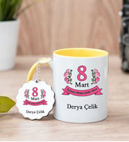 Kadınlar Günü Hediyesi Sarı Kupa Bardak Ve Anahtarlık Set