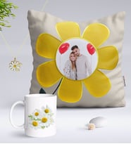 BK Gift Kişiye Özel Fotoğraflı Papatya Yastık Kupa ve Çift İsimli Papatya Kolye-12 (Model 1)