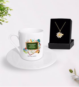 BK Gift Kişiye Özel Öğretmenler Gününüz Kutlu Olsun Türk Kahvesi Fincanı ve İsimli Papatya Kolye Hediye Seti-7 (Model 1)