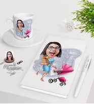 BK Gift Kişiye Özel Ev Hanımı Karikatürlü Beyaz Defter Kalem Türk Kahvesi Fincanı Seti-1 (Model 1)