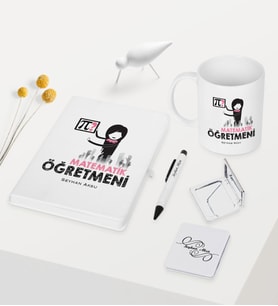 BK Gift Kişiye Özel Matematik Öğretmeni Temalı Beyaz Defter Kalem Kupa Ayna Seti - 1