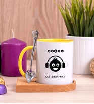 Emoji Tasarım Ahşap Altlıklı Sarı Kupa Bardak
