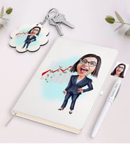 BK Gift Kişiye Özel Kadın Patron Karikatürlü Beyaz Defter Kalem ve Anahtarlık Hediye Seti-1 (Model 1)