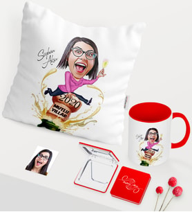 BK Gift Kişiye Özel Yılbaşı Temalı Bayan Karikatürlü Kırmızı Kupa Ayna Yastık Seti - 6