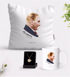 BK Gift Kişiye Özel Atatürk Temalı Beyaz Kupa Yastık ve İsimli Papatya Kolye Hediye Seti-11 (Model 1)