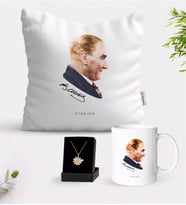 BK Gift Kişiye Özel Atatürk Temalı Beyaz Kupa Yastık ve İsimli Papatya Kolye Hediye Seti-11 (Model 1)