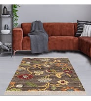 Osmanlı Motifi Çiçek Desen Dijital Baskı Yıkanabilir Modern Salon Halısı ve Yollu (Kahverengi)