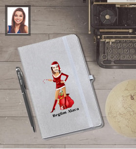 Kişiye Özel Yılbaşı Bayan Karikatürlü Gri Defter Kalem Hediye Seti Model-8