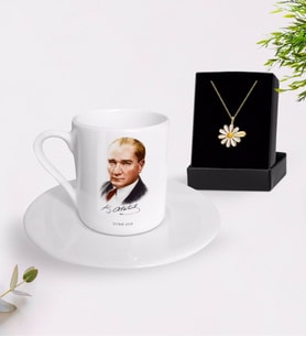 BK Gift Kişiye Özel Atatürk Temalı Türk Kahvesi Fincanı ve İsimli Papatya Kolye Hediye Seti-12 (Model 1)
