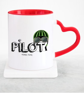 BK Gift Kişiye Özel Mesleki Pilot Kırmızı Kalpli Kupa Bardak