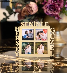 Kişiye Özel 4 Fotoğraflı Herşey Seninle Güzel Mdf Çerçeve Gold