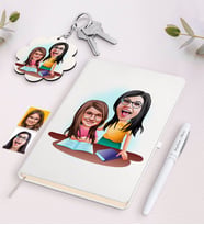 BK Gift Kişiye Özel Anne Kız Karikatürlü Beyaz Defter Kalem ve Anahtarlık Hediye Seti-1 (Model 1)