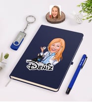 BK Gift Kişiye Özel Kadın Veteriner Hekim Karikatürlü Lacivert Defter Kalem 32gb USB Bellek Hediye Seti-2 (Model 1)