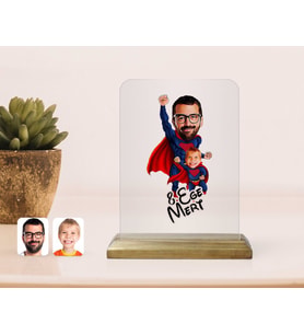 BK Gift Kişiye Özel Süper Baba ve Süper Çocuk Karikatürlü Ahşap Standlı Çerçeve (Beyaz)