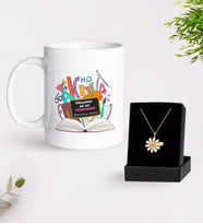 BK Gift Kişiye Özel Dünyanın En İyi Öğretmeni Beyaz Kupa ve Papatya Kolye Hediye Seti-16 (Model 1)