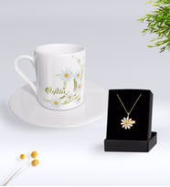 BK Gift Kişiye Özel Papatya Temalı Türk Kahvesi Fincanı Ve Papatya Kolye Hediye Seti-1 (Model 1)