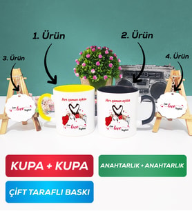 İkili Sarı Siyah Sevgiliye Sevgililer Günü Hediyesi 10 Kupa Bardak Anahtarlık