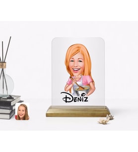 BK Gift Kişiye Özel Kadın Chef Karikatürlü Ahşap Standlı Çerçeve (Beyaz)