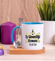 İş Güvenliği Uzmanı Ahşap Altlıklı Mavi Kupa Bardak
