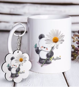 BK Gift Kişiye Özel Papatya Tasarımlı Beyaz Kupa ve Anahtarlık Hediye Seti-9 (Model 1)