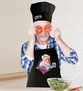 BK Gift Kişiye Özel Bay Chef Karikatürlü Siyah Mutfak Önlüğü Aşçı Şapkası Seti-13