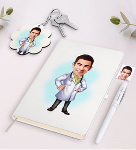 BK Gift Kişiye Özel Erkek Doktor Karikatürlü Beyaz Defter Kalem ve Anahtarlık Hediye Seti-1 (Model 1)