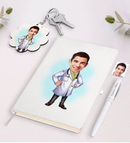 BK Gift Kişiye Özel Erkek Doktor Karikatürlü Beyaz Defter Kalem ve Anahtarlık Hediye Seti-1 (Model 1)