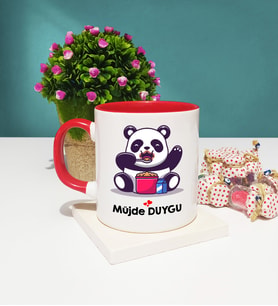 Sevimli Panda Tasarımlı Kişiye Özel Panda Kupa Bardak Kırmızı
