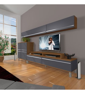 Decoraktiv Ekoflex 8 Mdf Krom Ayaklı Tv Ünitesi Tv Sehpası (Antrasit - Ceviz)